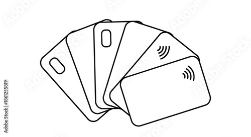 Simple line art illustration of various credit cards fanned out together featuring different card types contactless payment on transparent background