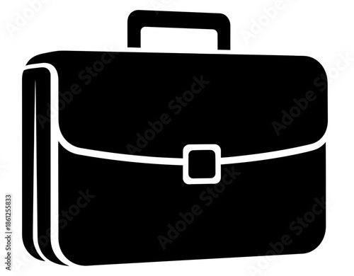 Illustration of a black briefcase with a handle and buckle on a white background