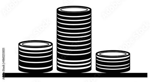 Three distinct stacks of stylized coins illustrating varying levels of wealth accumulation or financial performance metrics shown as simple white icons on transparent background