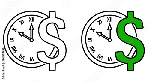 Time is money concept illustrated with clocks featuring dollar signs on transparent background