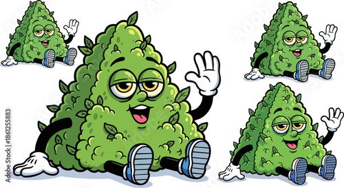 Cartoon happy cannabis bud character relaxing with big smile and waving hands
