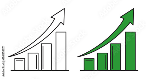 A pair of simple outline and filled green bar chart icons showing distinct upward trends symbolizing growth progress and successful financial analysis on transparent background