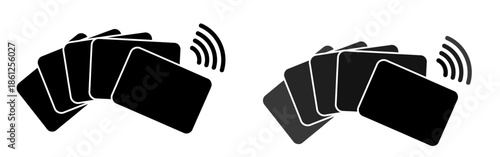 Abstract graphic design depicting several stacked and fanned dark gray digital elements radiating signals outwards suggesting broadcast or connection on transparent background