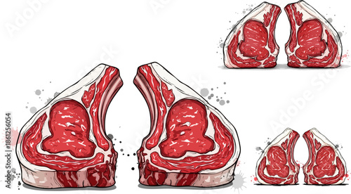 Illustration displaying different cuts of raw bone in ribeye steak meat
