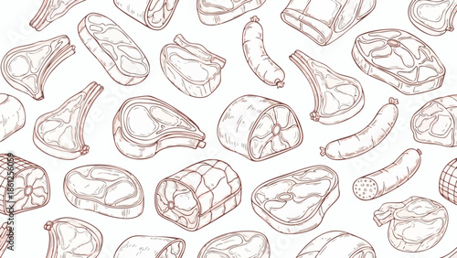 Seamless sketch pattern of various butcher shop meat cuts and sausages