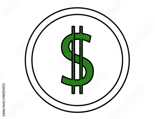 Simple graphic representation of a bold green dollar sign symbol enclosed within a dark circular outline signifying currency finance and wealth on transparent background