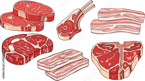 Assortment of raw red meat cuts including steaks chops and ribs displayed