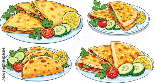 Delicious assortment of folded savory stuffed flatbread dishes served on plates
