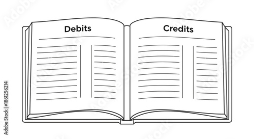 Open book with financial ledger pages showing debits and credits on transparent background