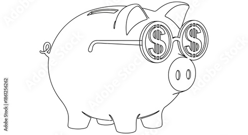 Simple black and white illustration of a piggy bank wearing sunglasses with dollar signs on the lenses on transparent background