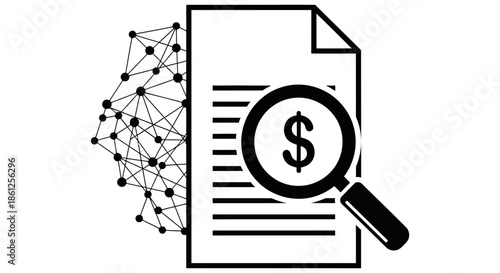 Document with a magnifying glass highlighting financial analysis and dollar sign symbolizing detailed monetary review and investigation on transparent background