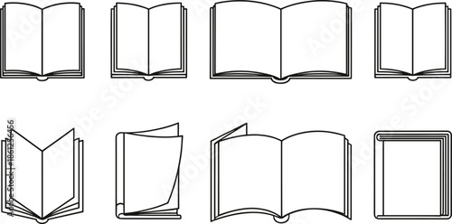 Open book outline icon collection featuring various simple black and white line art designs for reading education library school study and vector.