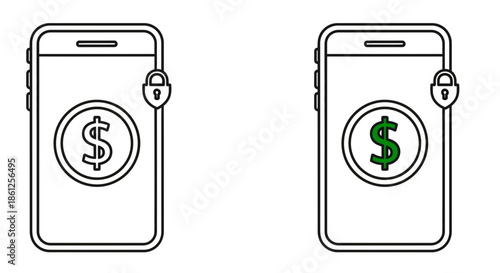illustration of two mobile phones with dollar sign icons locked on transparent background