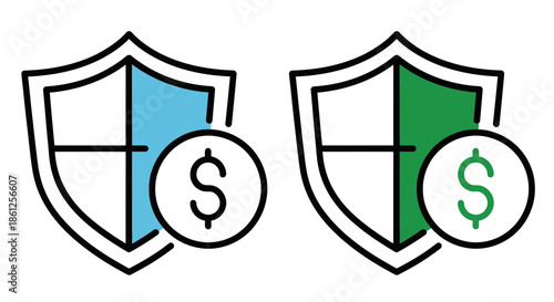 Two stylized shield icons representing financial security insurance protection concepts displayed side by side each featuring a prominent dollar sign symbol on transparent background