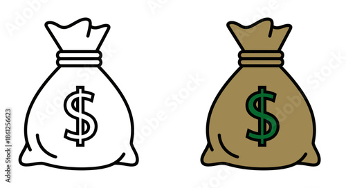 Two money bags with dollar signs, one colored and one outlined, representing wealth and financial transactions on transparent background