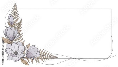 Minimal luxury floral corner border with magnolia and fern in lavender and beige isolated on white background