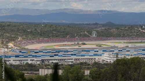 Panoramic view of motor racing circuit and grandstands