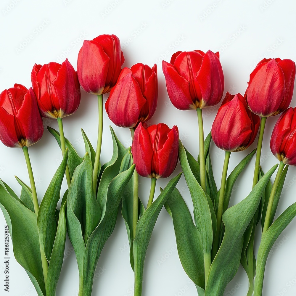 Fototapeta premium Bright red tulips arranged beautifully on a soft white background for a spring display