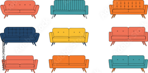 Colorful sofa and couch collection featuring various modern mid century furniture designs with buttons and wooden legs for home interior vector design.