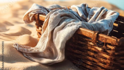 A woven basket holding cloth, resting on sand. The scene has a warm color palette