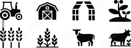 farm icons of tractor, barn, silo, sheep, and cow for agricultural themes