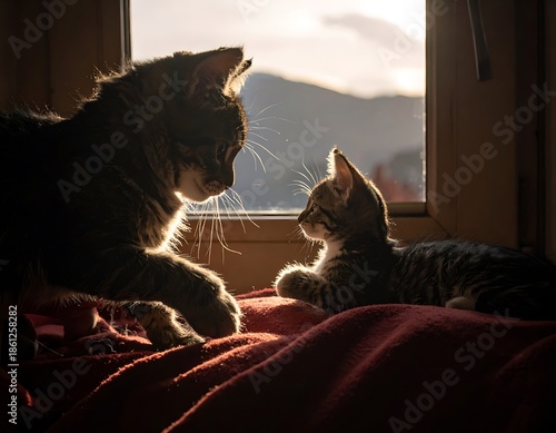 Two cats backlit by a window, mountain in background