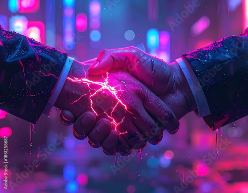 Two hands clasping, glowing magenta cracks radiate in handshake, city bokeh background