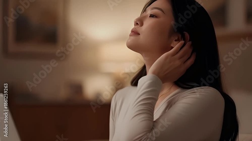 Woman experiencing stress or relief in modern indoor setting