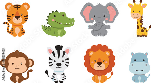 Cute safari animal character collection featuring cartoon tiger crocodile elephant giraffe monkey zebra lion and hippo for wild jungle nature vector design.