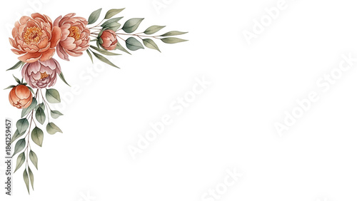 Minimal luxury watercolor botanical corner border featuring peonies and eucalyptus in terracotta tones isolated on white background