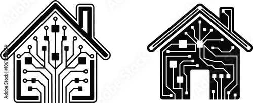smart home technology icons with circuit board house designs