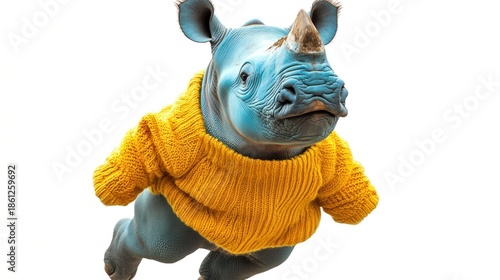 Colorful rhino wearing a cozy sweater leaps joyfully in a whimsical background