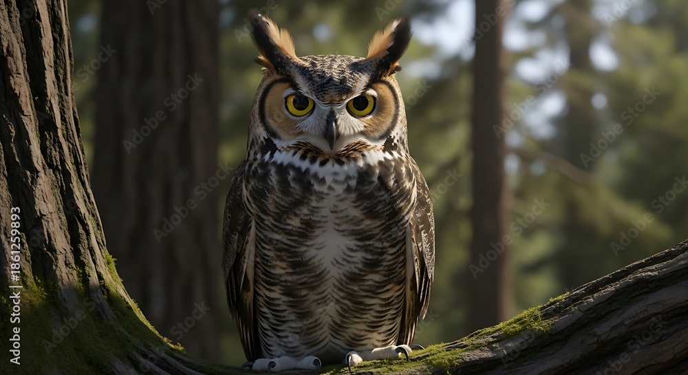 Fototapeta premium Great Horned Owl Perched on Branch in Forest.