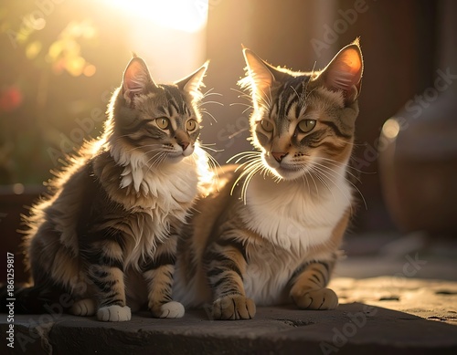 Two cats sit close together outside as a golden sunlight bathes them in a warm glow