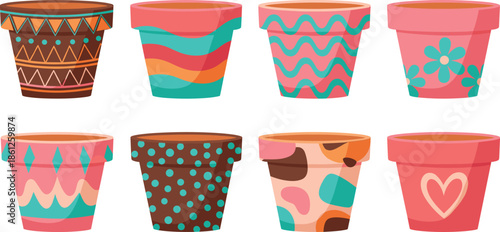 Colorful flower pot collection featuring various hand painted ceramic designs with polka dots stripes waves flowers and hearts for garden and vector.