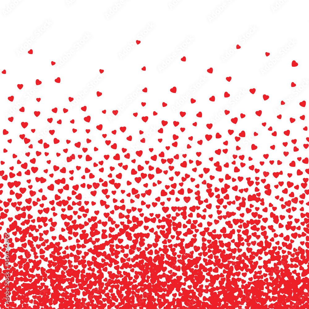 Obraz premium Red Heart Scatter Gradient on White Background with Dense Bottom Cluster and Romantic Valentine Theme
