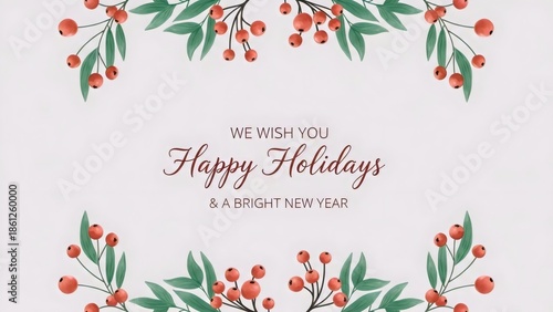 Festive Greeting Card with Red Berries and Green Leaves Wishing Happy Holidays and a Bright New Year