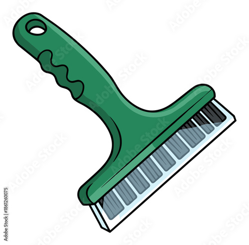 Green ice scraper brush combo automotive tool for clearing snow frost.Isolated transparent background ( include cut-out PNG file ).