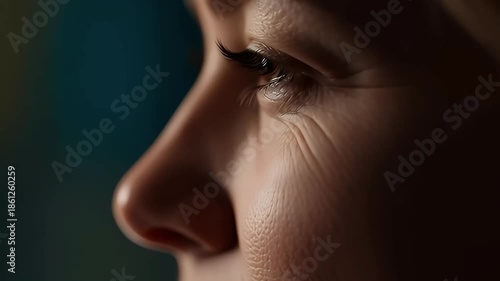Close-up portrait of a woman's face showing wrinkles and eye makeup