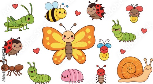 Cute insect and bug character collection featuring cartoon butterfly bee ladybug snail caterpillar ant and grasshopper for garden nature wildlife and vector.