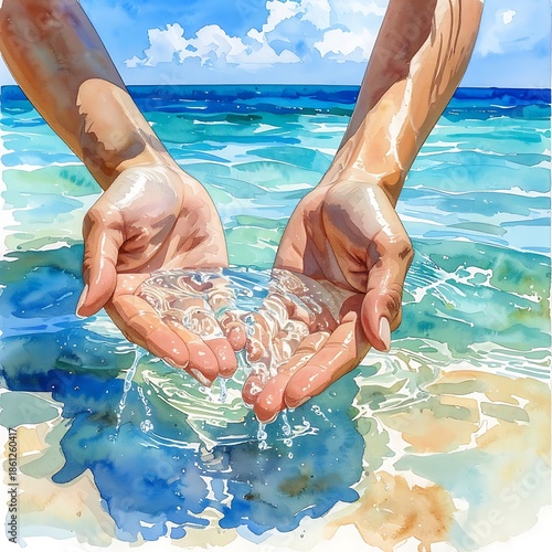 Two hands cup clear water, sea visible behind. Watercolor style with blue, turquoise, and sand hues