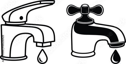 Illustration of two faucets with dripping water, one with a single handle and the other with double handles, against a white background.