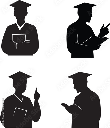 Academic scholar graduation silhouette vector isolated. Clip art of academic scholars pose for asset, card, design, education