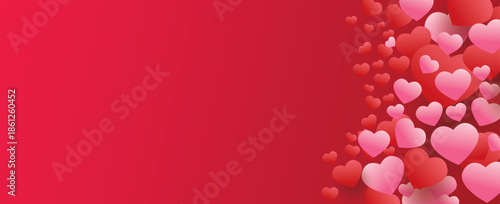 Red and Pink Heart Cluster on Gradient Red Background with Varying Sizes and Opacity for Romantic Design