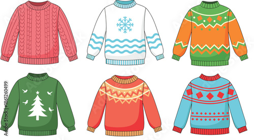 Colorful winter sweater collection featuring various knitted designs with snowflakes christmas trees and geometric patterns for holiday season fashion and flat vector.