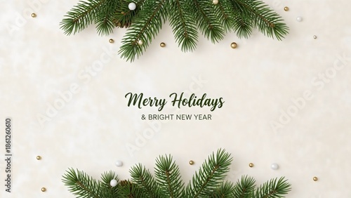 Festive Christmas Tree Branches with Ornaments and Bokeh Lights Wishing Merry Holidays and Bright New Year