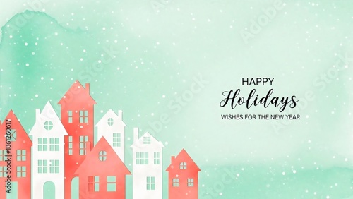 Happy Holidays Wishes for the New Year with Houses and Snowflakes on a Light Green Background