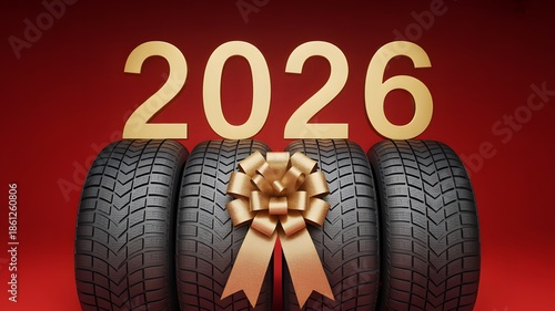 Golden 2026 New Year numbers above car tires with a golden gift ribbon on a red background.