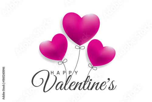Happy Valentine’s Day Pink Heart Balloons with Strings and Bow on White Background for Romantic Celebration Greeting Card