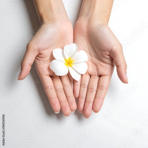Two hands gently holding a white flower with a yellow center against a clean, bright background
